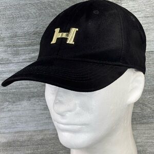 Huge Headwear Wild Spirit Black Suede Gold H Logo Strap Back Curved Bill Hat Cap